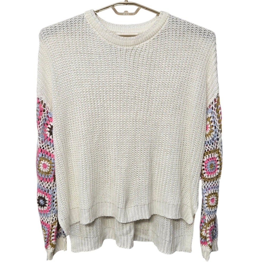 Boho Crochet Sweater Large Granny Square Colorful‎ Retro 70s Boxy Festival Knit